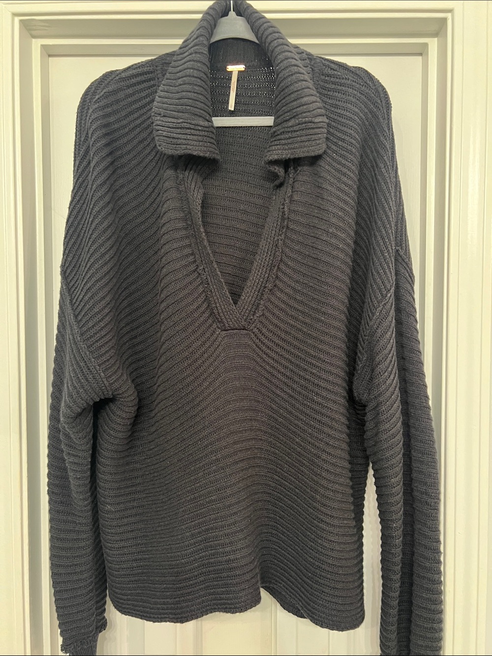Free People Oversized Rib-Knit V-Neck Sweater with Shawl Collar - Black